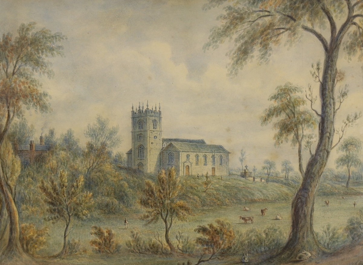 19th century English School, watercolour, View of a church, 12 x 17cm and an armorial illumination with motto 'Vigilat Validus', 23 x 18cm